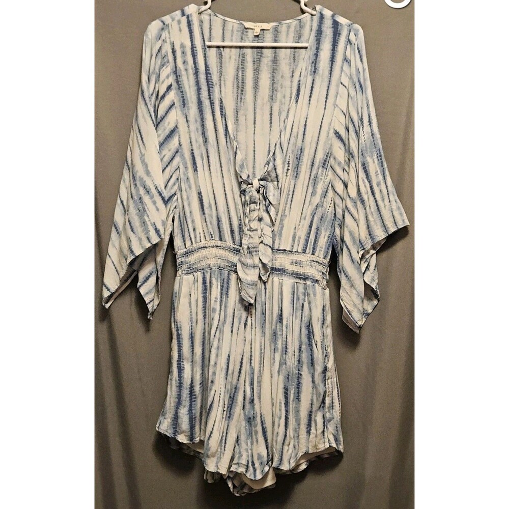 Le Lis Womens Large Blue White Tie Dye Romper Kimono Sleeve Boho Front Tie